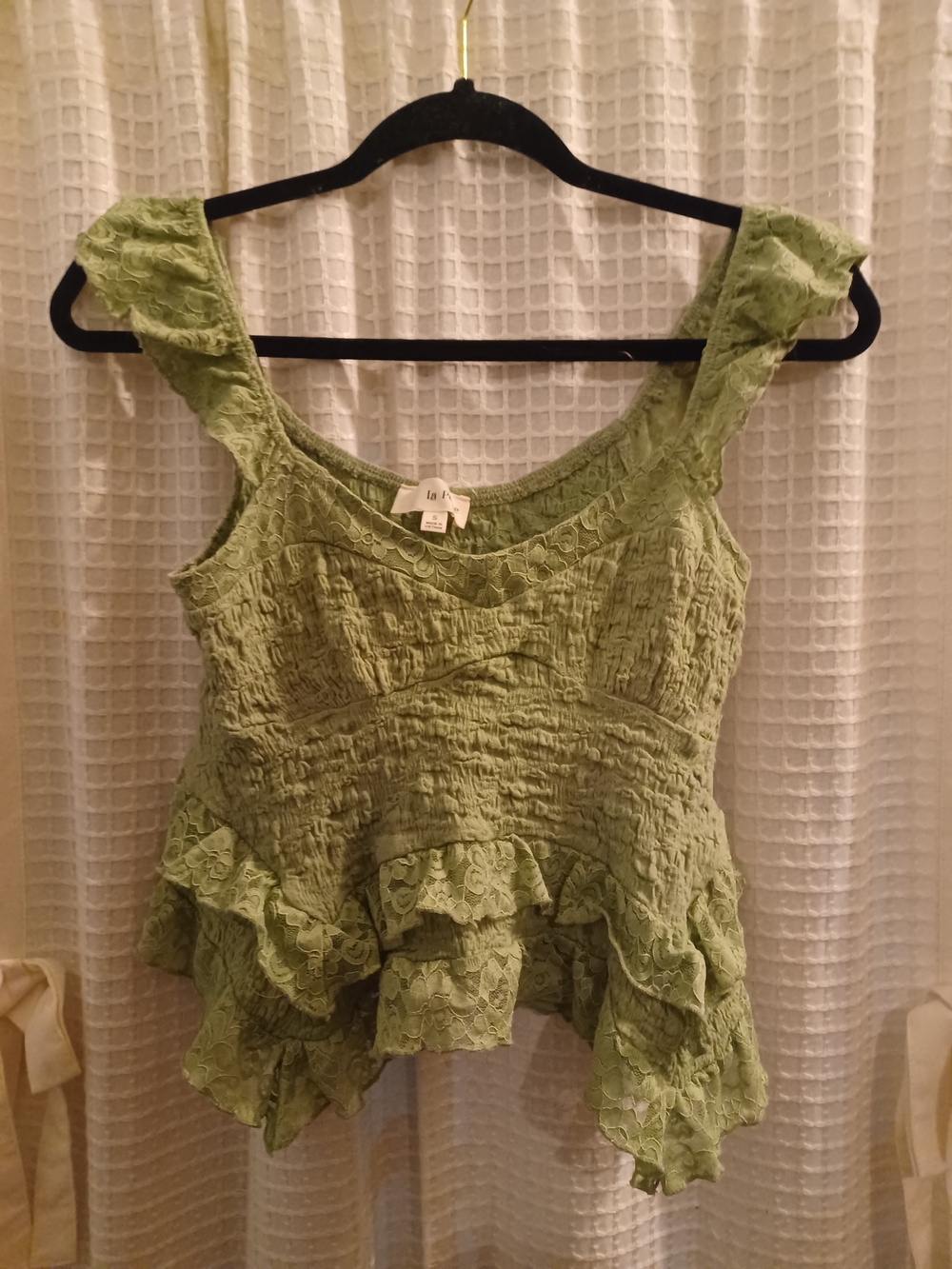 Green Ruffled La Peche Lace Peplum Top